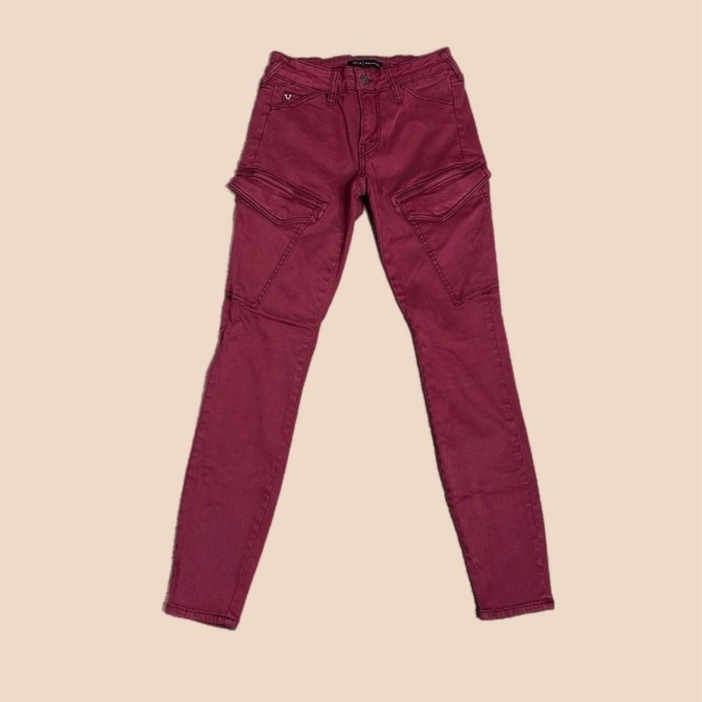 True Religion Women’s HALLE Soft Mid Rise Super Skinny Cargo Pants Red Sz 25